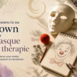 Les bienfaits du clown et du masque en thérapie : illustration artistique représentant un nez rouge, un masque neutre et des éléments symbolisant l'expression émotionnelle, la créativité et l'art-thérapie.