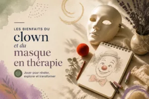 Les bienfaits du clown et du masque en thérapie : illustration artistique représentant un nez rouge, un masque neutre et des éléments symbolisant l'expression émotionnelle, la créativité et l'art-thérapie.