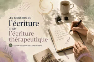 Illustration représentant une personne écrivant dans un carnet avec un stylo-plume, évoquant les bienfaits de l'écriture thérapeutique sur les émotions, le bien-être et la connaissance de soi.