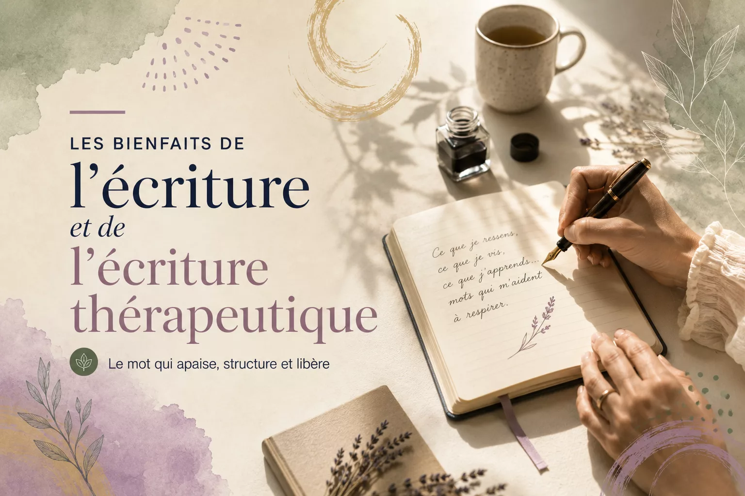 Illustration représentant une personne écrivant dans un carnet avec un stylo-plume, évoquant les bienfaits de l'écriture thérapeutique sur les émotions, le bien-être et la connaissance de soi.