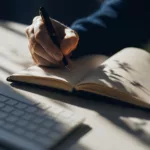 Une main écrit dans un carnet ouvert tandis qu'un clavier d'ordinateur apparaît légèrement flou à proximité, illustrant la complémentarité entre écriture manuscrite et outils numériques.