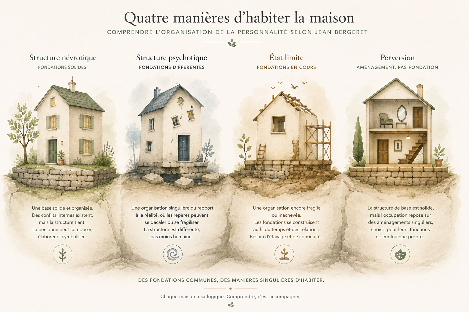 Quatre maisons symbolisant la structure névrotique, la structure psychotique, l'état limite et la perversion selon le modèle de Jean Bergeret