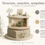 Illustration minimaliste représentant le modèle de Jean Bergeret avec les trois niveaux de la personnalité : structure, caractère et symptôme, symbolisés par une maison sur des fondations et un cristal.