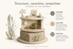 Illustration minimaliste représentant le modèle de Jean Bergeret avec les trois niveaux de la personnalité : structure, caractère et symptôme, symbolisés par une maison sur des fondations et un cristal.