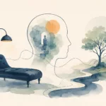 Illustration en aquarelle représentant un divan de psychanalyse, le profil d'un visage et un paysage symbolisant l'inconscient, l'histoire de la psychanalyse et le cheminement intérieur.