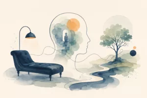 Illustration en aquarelle représentant un divan de psychanalyse, le profil d'un visage et un paysage symbolisant l'inconscient, l'histoire de la psychanalyse et le cheminement intérieur.