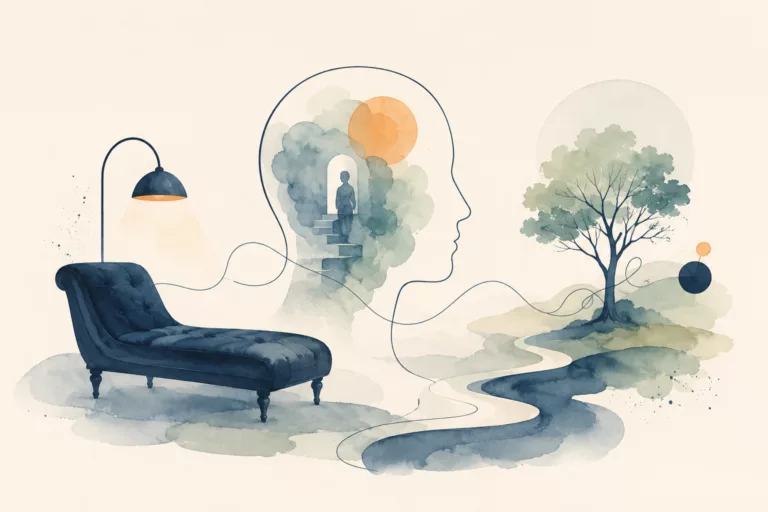 Illustration en aquarelle représentant un divan de psychanalyse, le profil d'un visage et un paysage symbolisant l'inconscient, l'histoire de la psychanalyse et le cheminement intérieur.