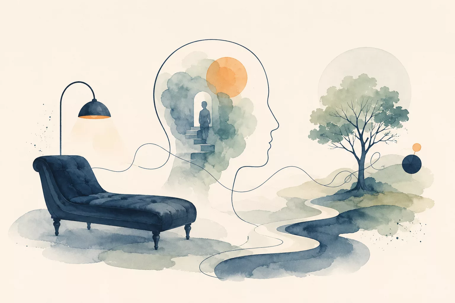 Illustration en aquarelle représentant un divan de psychanalyse, le profil d'un visage et un paysage symbolisant l'inconscient, l'histoire de la psychanalyse et le cheminement intérieur.