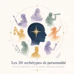Illustration symbolique représentant les 20 archétypes de personnalité autour d'une silhouette humaine et d'une boussole intérieure, inspirée de la psychologie de Carl Gustav Jung.