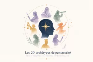 Illustration symbolique représentant les 20 archétypes de personnalité autour d'une silhouette humaine et d'une boussole intérieure, inspirée de la psychologie de Carl Gustav Jung.