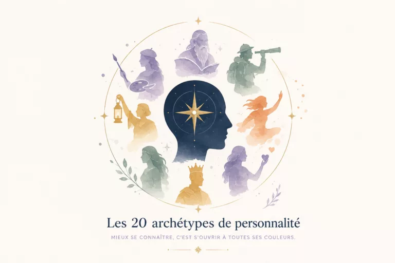 Illustration symbolique représentant les 20 archétypes de personnalité autour d'une silhouette humaine et d'une boussole intérieure, inspirée de la psychologie de Carl Gustav Jung.