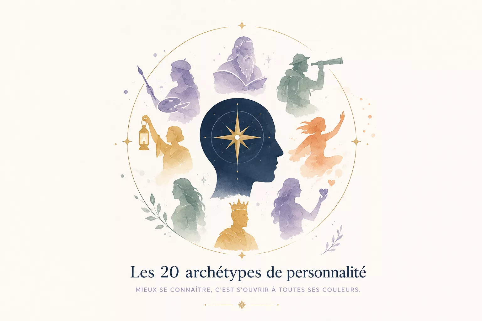 Illustration symbolique représentant les 20 archétypes de personnalité autour d'une silhouette humaine et d'une boussole intérieure, inspirée de la psychologie de Carl Gustav Jung.