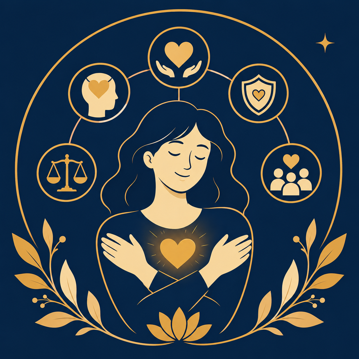 Illustration vectorielle représentant une personne entourée de symboles évoquant le bien-être, l'acceptation et l'apaisement d'être accepté·e.