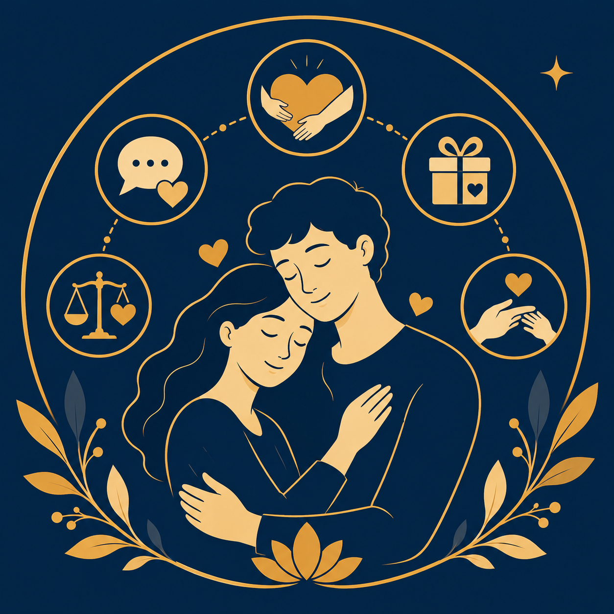 Illustration vectorielle représentant un couple uni entouré de symboles évoquant les besoins affectifs et relationnels dans le couple.
