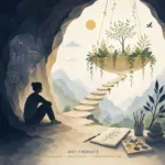 Illustration symbolique de l’art-thérapie représentant un chemin reliant une caverne sombre à un jardin suspendu lumineux, symbole de transformation par la création.