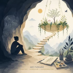 Illustration symbolique de l’art-thérapie représentant un chemin reliant une caverne sombre à un jardin suspendu lumineux, symbole de transformation par la création.