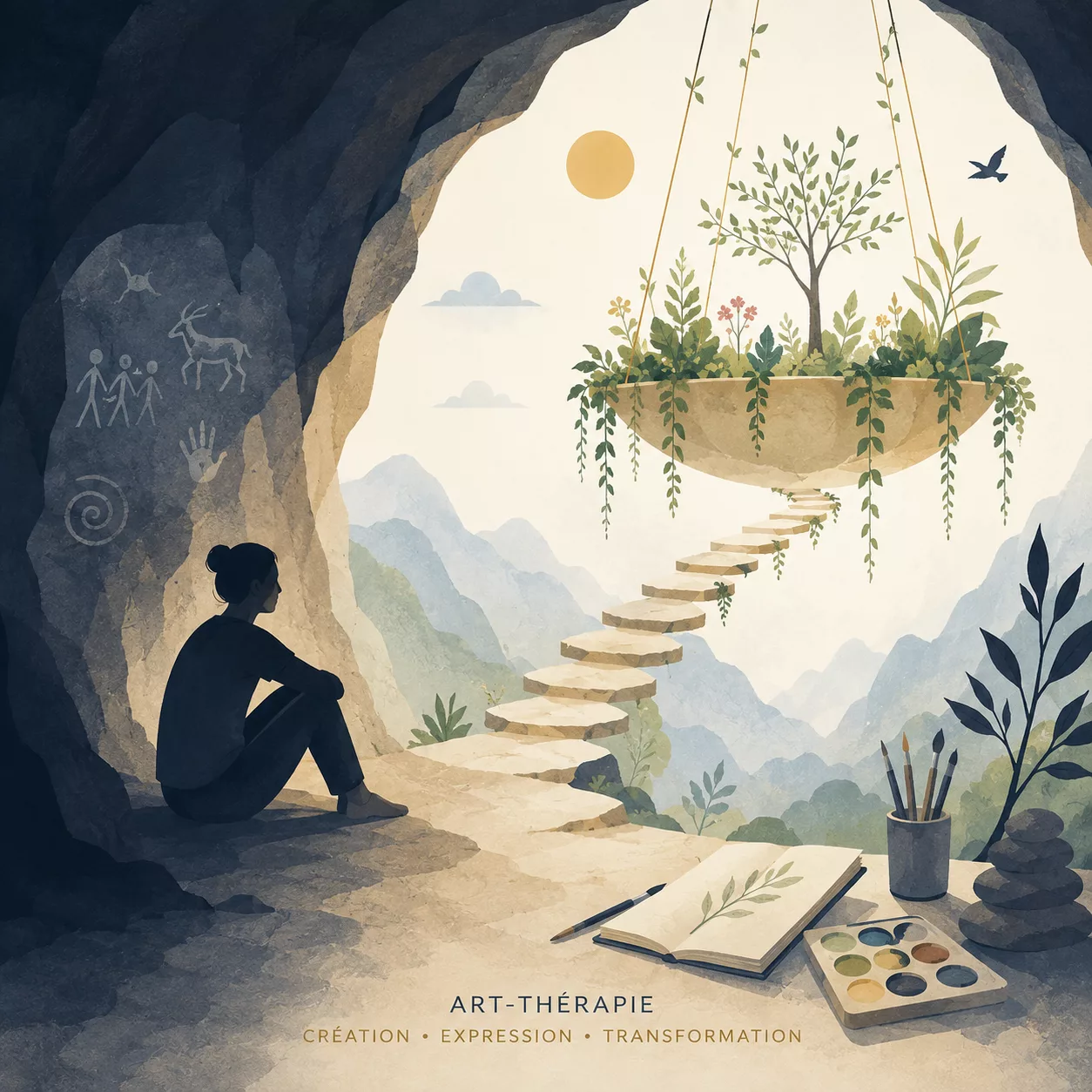 Illustration symbolique de l’art-thérapie représentant un chemin reliant une caverne sombre à un jardin suspendu lumineux, symbole de transformation par la création.