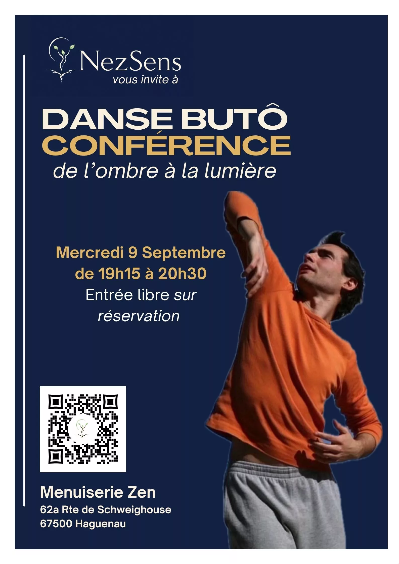 Affiche de la conférence dansée Danse Butô à Haguenau, mercredi 9 septembre 2026 à 19h15, animée par Mickaël Chalopin à la Menuiserie Zen