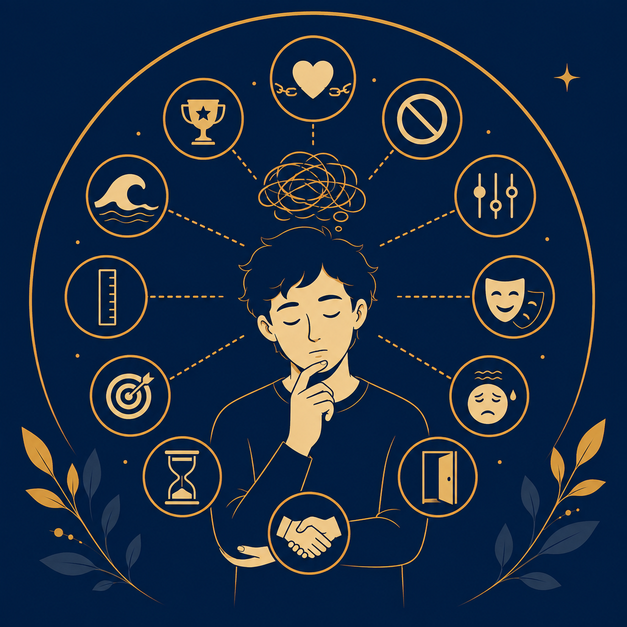 Illustration vectorielle représentant une personne en réflexion entourée de symboles liés aux croyances irrationnelles et aux pensées rigides selon Albert Ellis.
