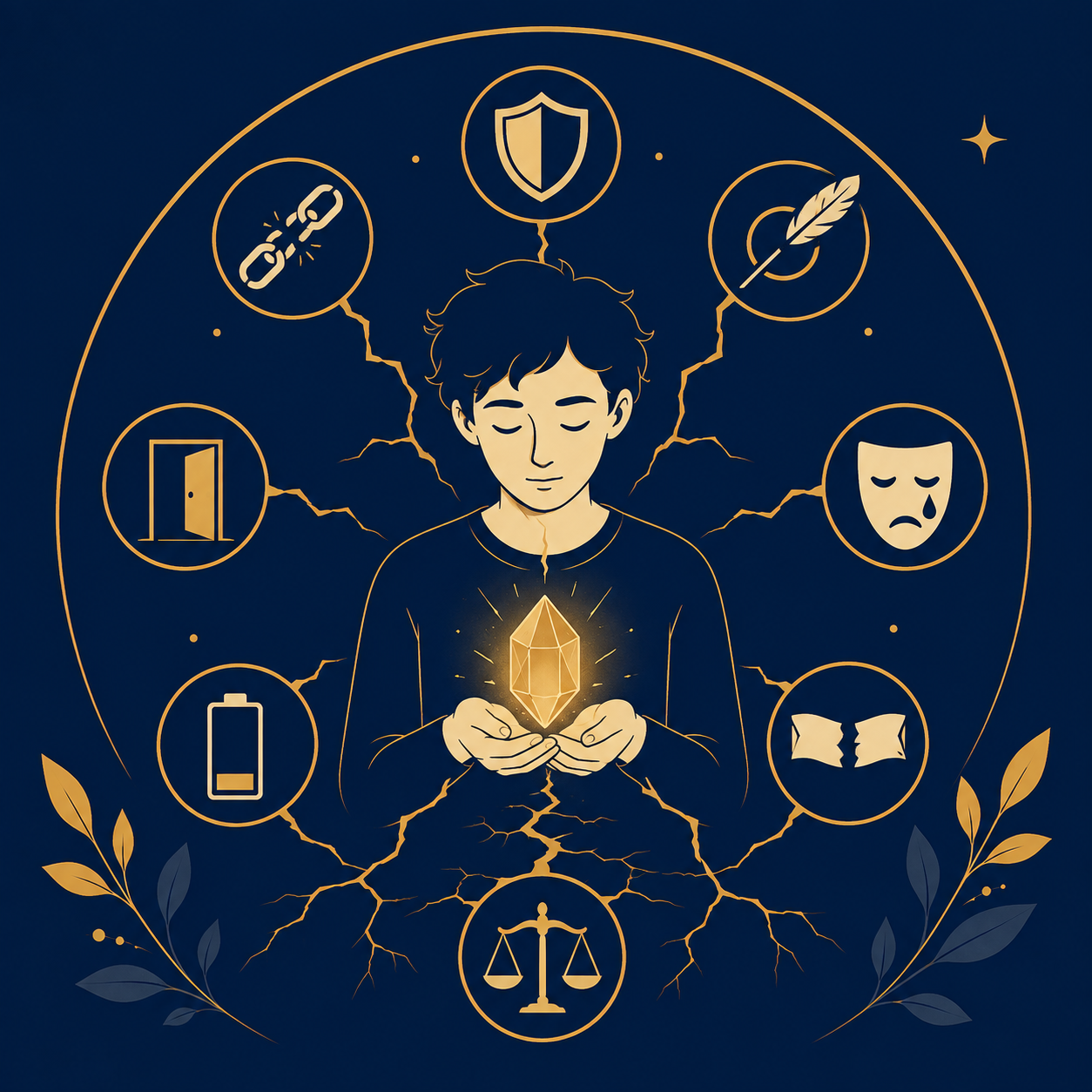 Illustration vectorielle représentant une personne tenant un cristal lumineux relié à huit symboles évoquant les principales failles existentielles et vulnérabilités psychologiques.
