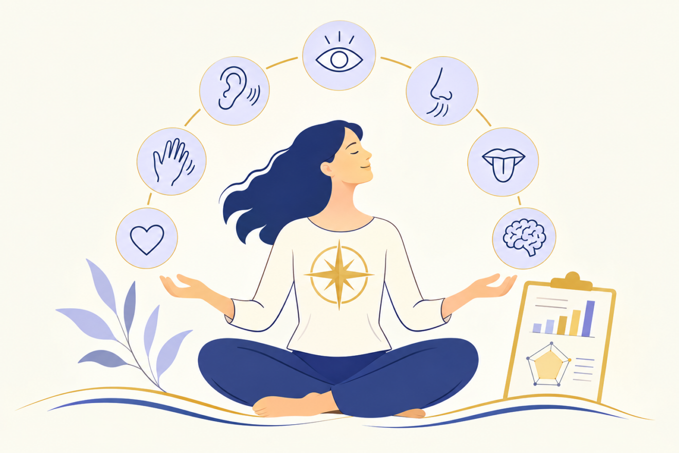 Illustration d'une personne tranquille qui regarde différents symboles