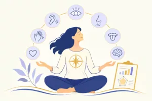 Illustration d'une personne tranquille qui regarde différents symboles