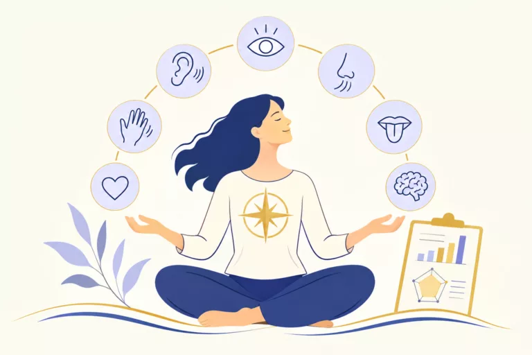 Illustration d'une personne tranquille qui regarde différents symboles