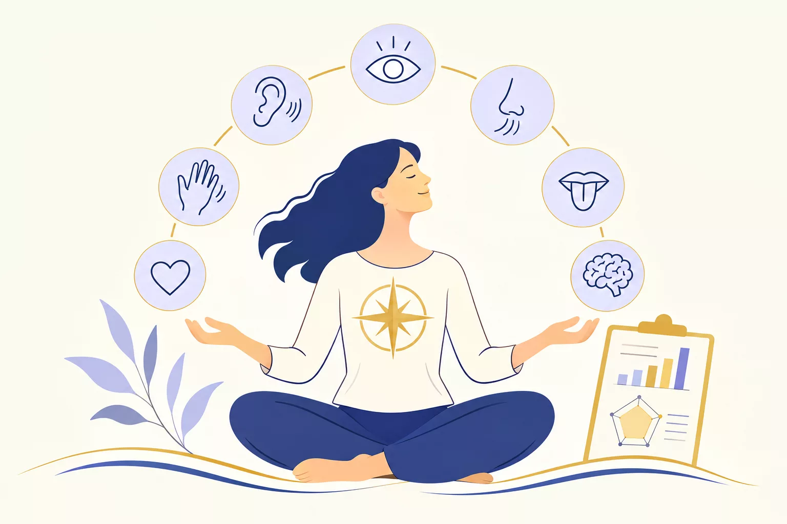 Illustration d'une personne tranquille qui regarde différents symboles