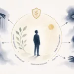 Illustration minimaliste représentant la prévention des risques d'emprise mentale : une personne protégée par un cercle de confiance, entourée de symboles évoquant l'esprit critique, l'information, les liens sociaux et les tentatives de manipulation.