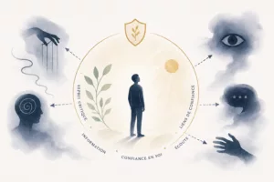 Illustration minimaliste représentant la prévention des risques d'emprise mentale : une personne protégée par un cercle de confiance, entourée de symboles évoquant l'esprit critique, l'information, les liens sociaux et les tentatives de manipulation.