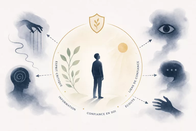 Illustration minimaliste représentant la prévention des risques d'emprise mentale : une personne protégée par un cercle de confiance, entourée de symboles évoquant l'esprit critique, l'information, les liens sociaux et les tentatives de manipulation.