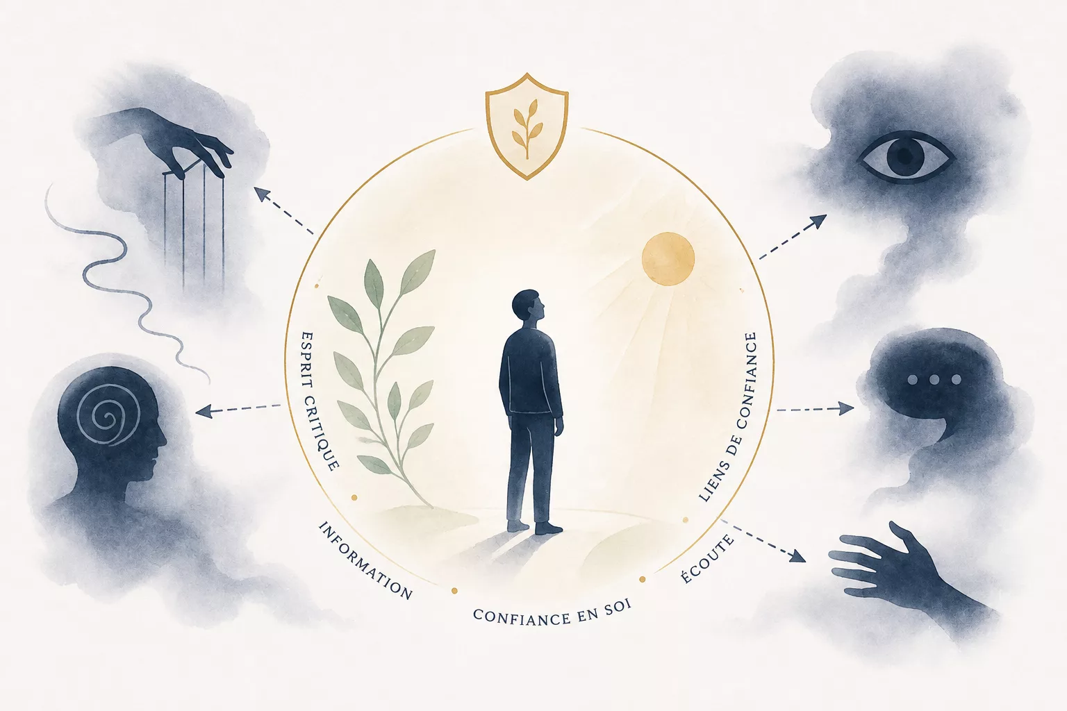 Illustration minimaliste représentant la prévention des risques d'emprise mentale : une personne protégée par un cercle de confiance, entourée de symboles évoquant l'esprit critique, l'information, les liens sociaux et les tentatives de manipulation.