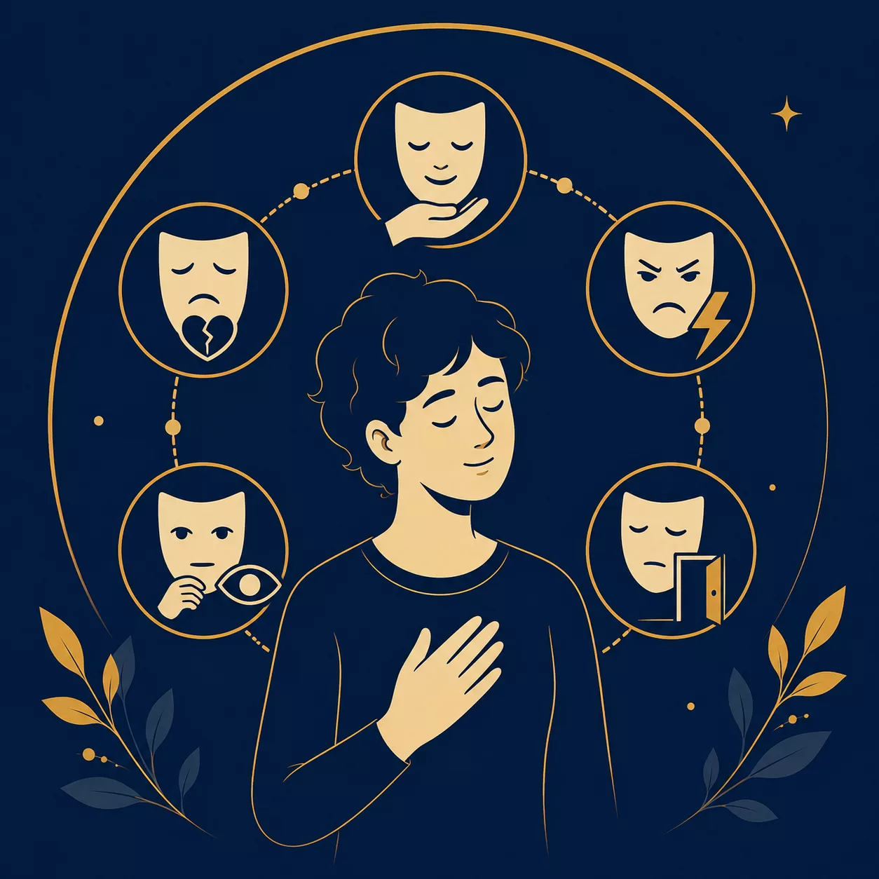 Illustration vectorielle représentant une personne entourée de cinq masques symbolisant les différentes positions relationnelles du modèle de Karpman enrichi.