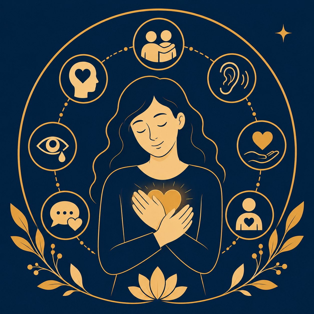 Illustration vectorielle représentant une personne entourée de symboles d’écoute, de compassion et de compréhension, illustrant le profil d’empathie de Davis.