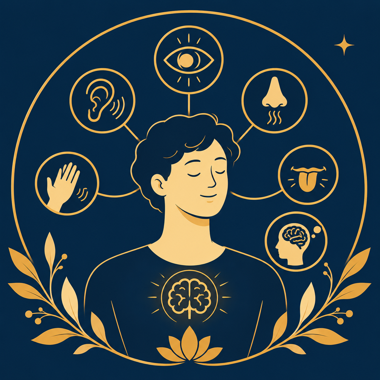 Illustration vectorielle représentant une personne entourée de symboles des sens et de la perception sensorielle.