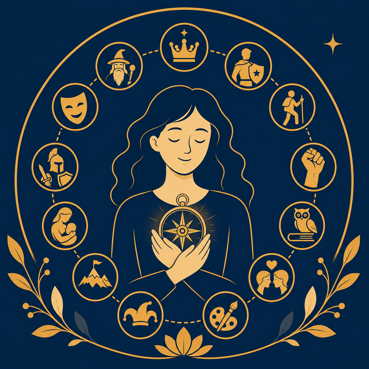 Illustration vectorielle représentant une personne tenant une boussole entourée de symboles évoquant différents archétypes de personnalité.