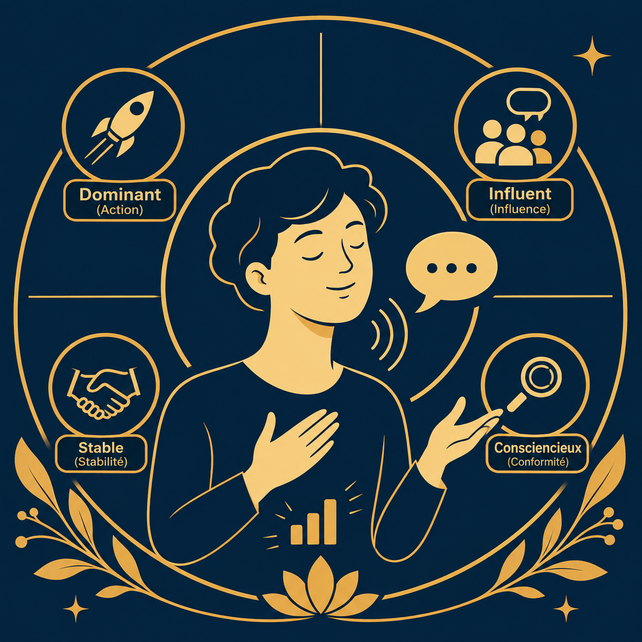 Illustration vectorielle représentant une personne au centre de quatre dimensions du profil DISC et de la communication professionnelle.