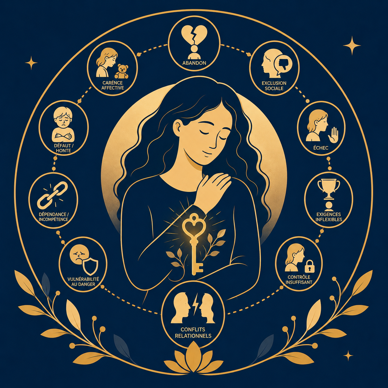 Illustration vectorielle représentant une personne en introspection entourée de symboles évoquant les schémas précoces inadaptés.