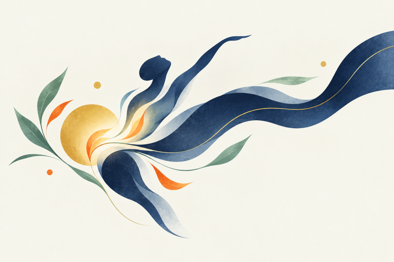 Illustration abstraite d’une figure en mouvement évoquant la phantasia et l’image intérieure en danse-thérapie