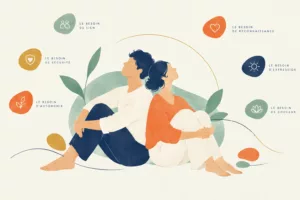 Couple assis dos à dos illustrant les besoins affectifs dans la relation amoureuse.