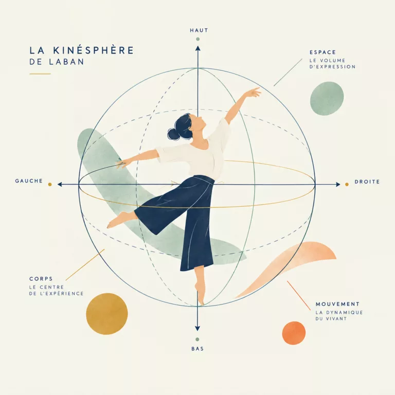 Danseuse au centre d’une kinésphère illustrant les directions et l’espace du mouvement selon Laban