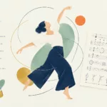 Illustration d’une danseuse en mouvement entourée de symboles de notation en danse et d’une partition du mouvement
