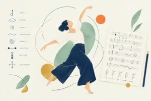 Illustration d’une danseuse en mouvement entourée de symboles de notation en danse et d’une partition du mouvement