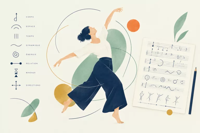 Illustration d’une danseuse en mouvement entourée de symboles de notation en danse et d’une partition du mouvement